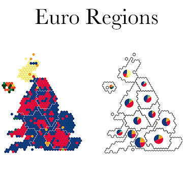Hex maps showing former European Parliamentary Constituencies (NUTS1 regions) overlaid, and each party's share by region