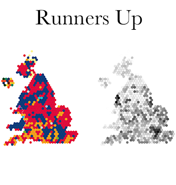 Runners up and majority in each constituency (hex maps)